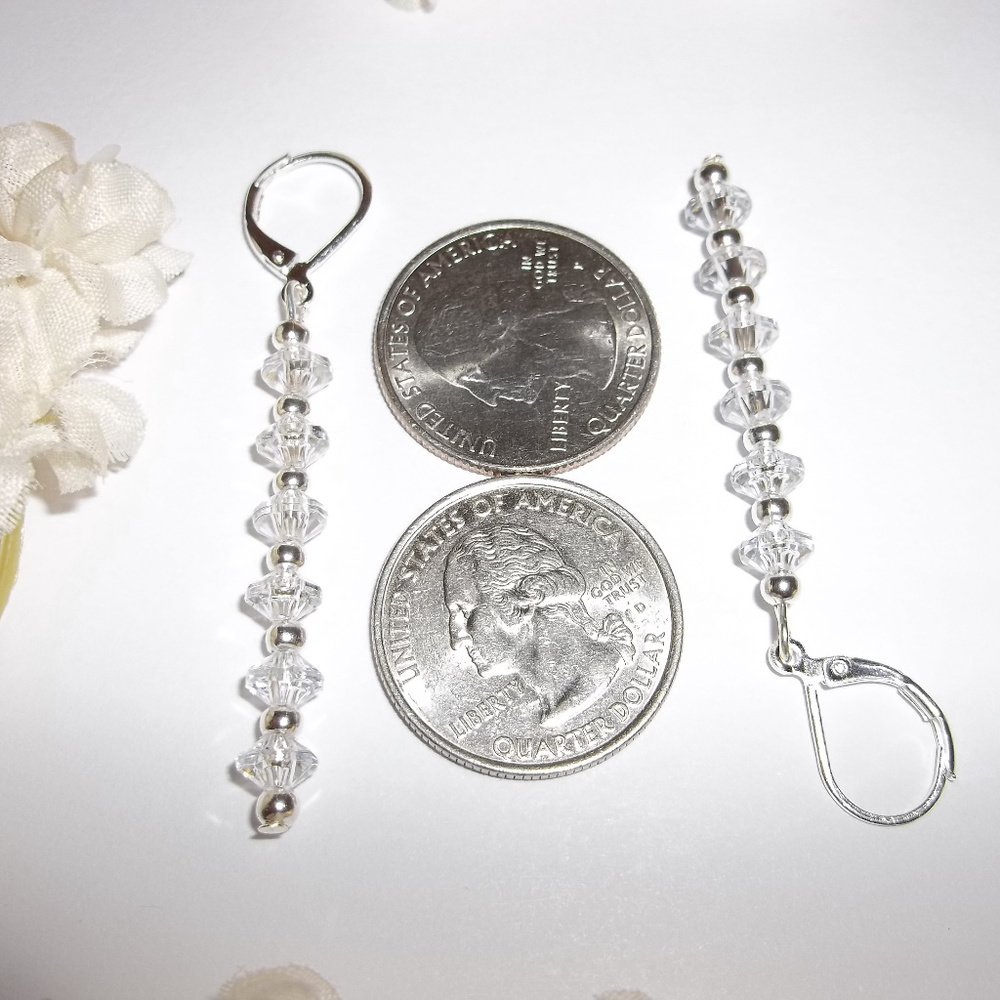Long Earring Set Clear & Silver Beaded Drop Sleek Dangle Drop Gift Idea 4638 - Picture 4 of 7
